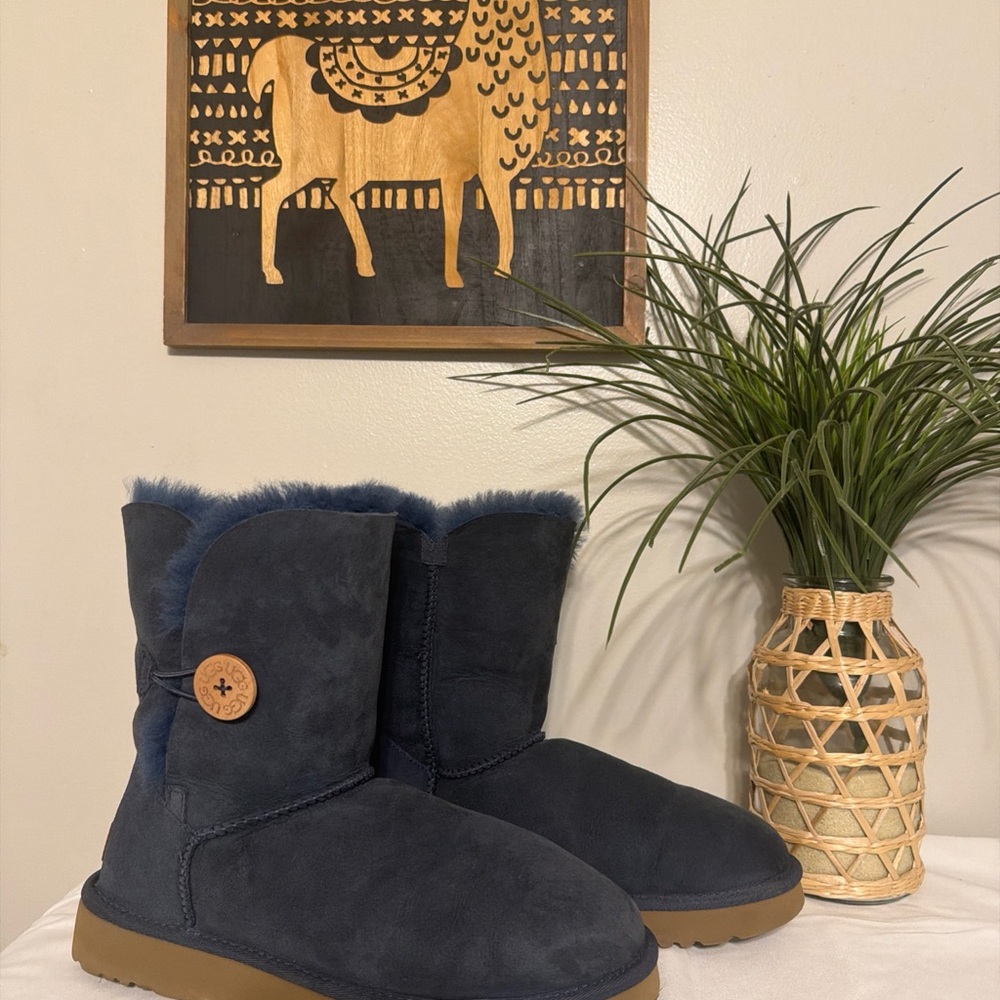 UGG Navy Suede Shearling Short Button Boots